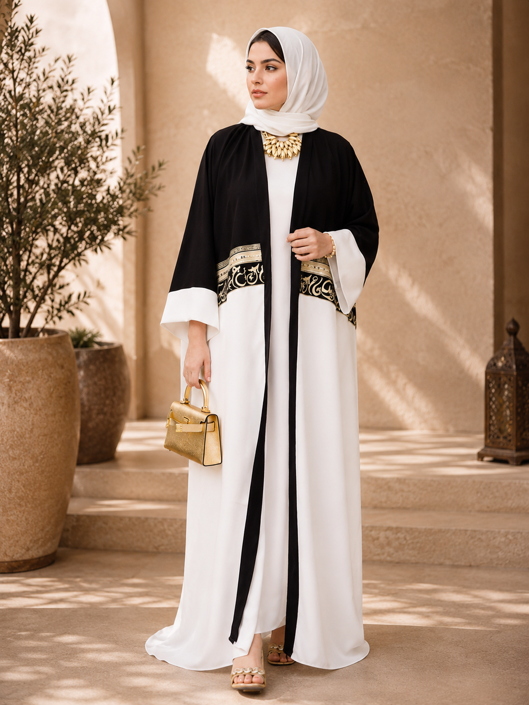 Noir Ivory Arabic Luxe Abaya Set