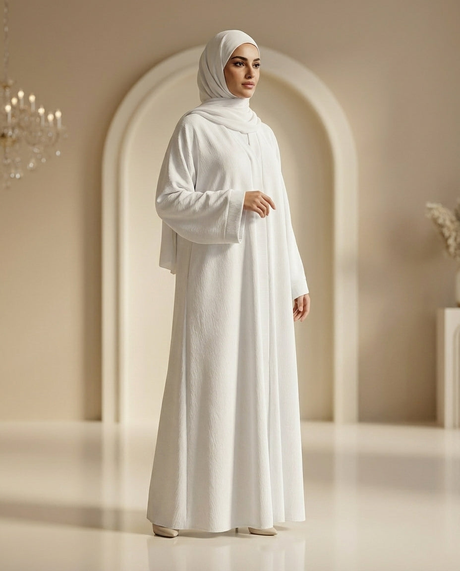 Royal Haya White Abaya for hajj and umrah fabric zoom
