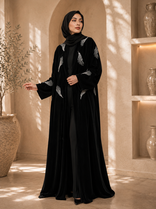Noir Feather Crystal Abaya
