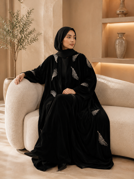 Noir Feather Crystal Abaya