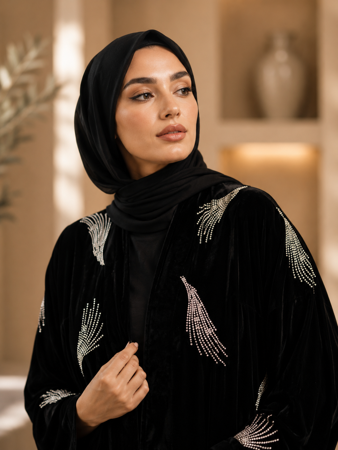 Noir Feather Crystal Abaya