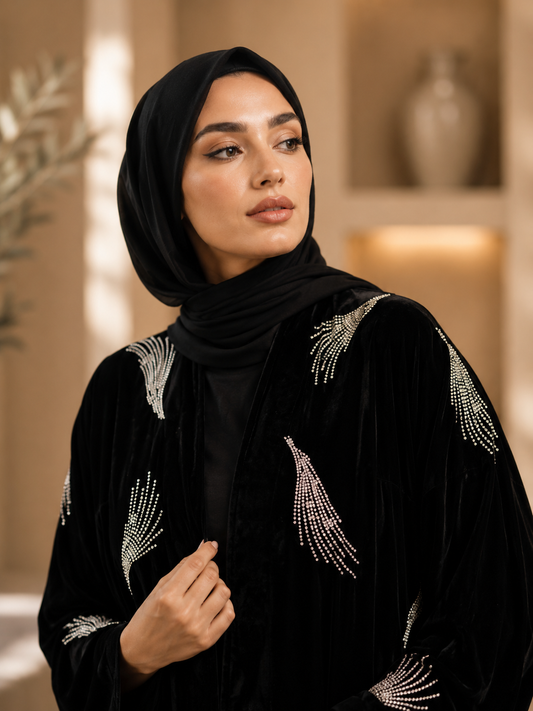 Noir Feather Crystal Abaya