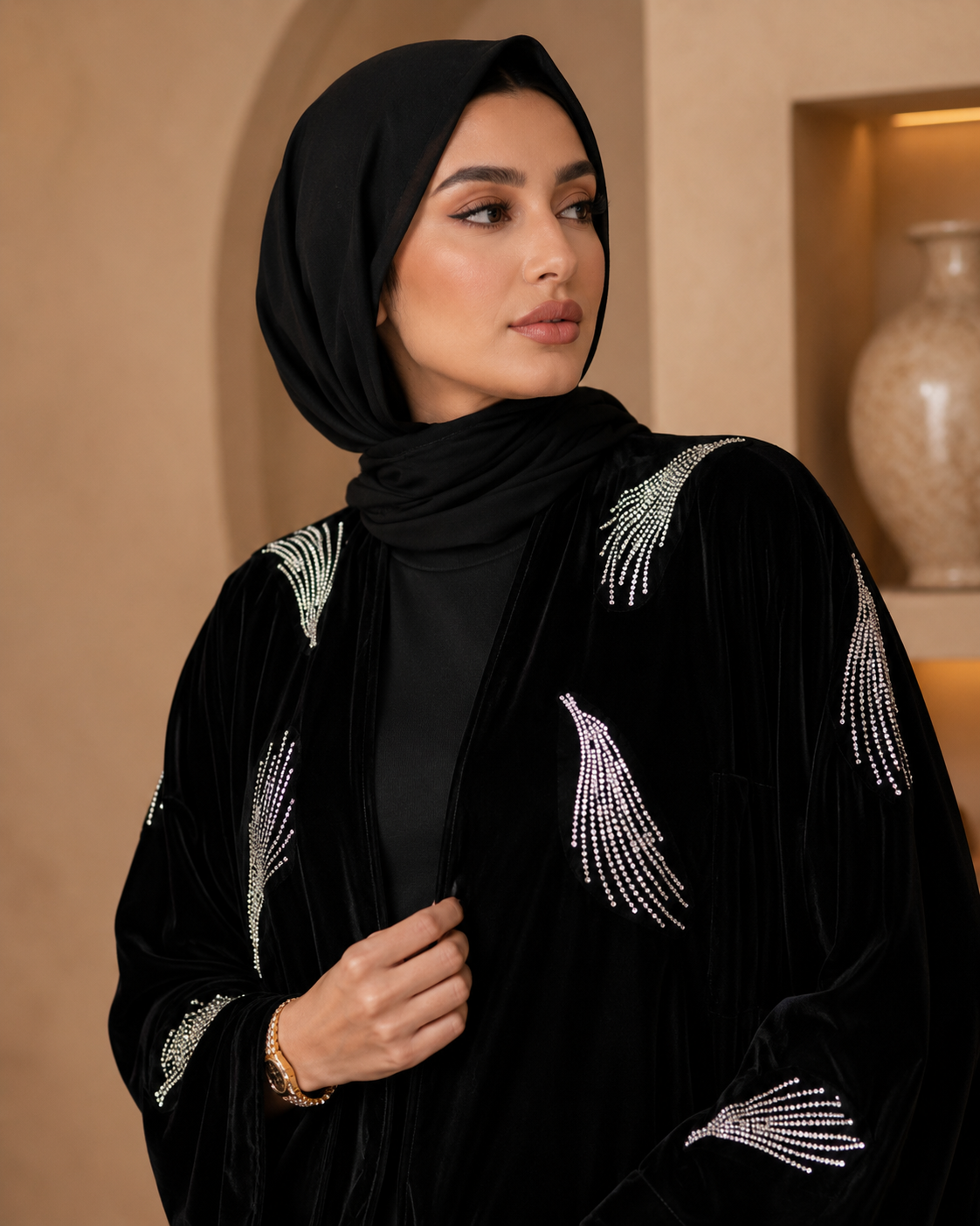 Noir Feather Crystal Abaya
