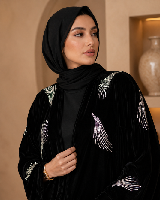 Noir Feather Crystal Abaya