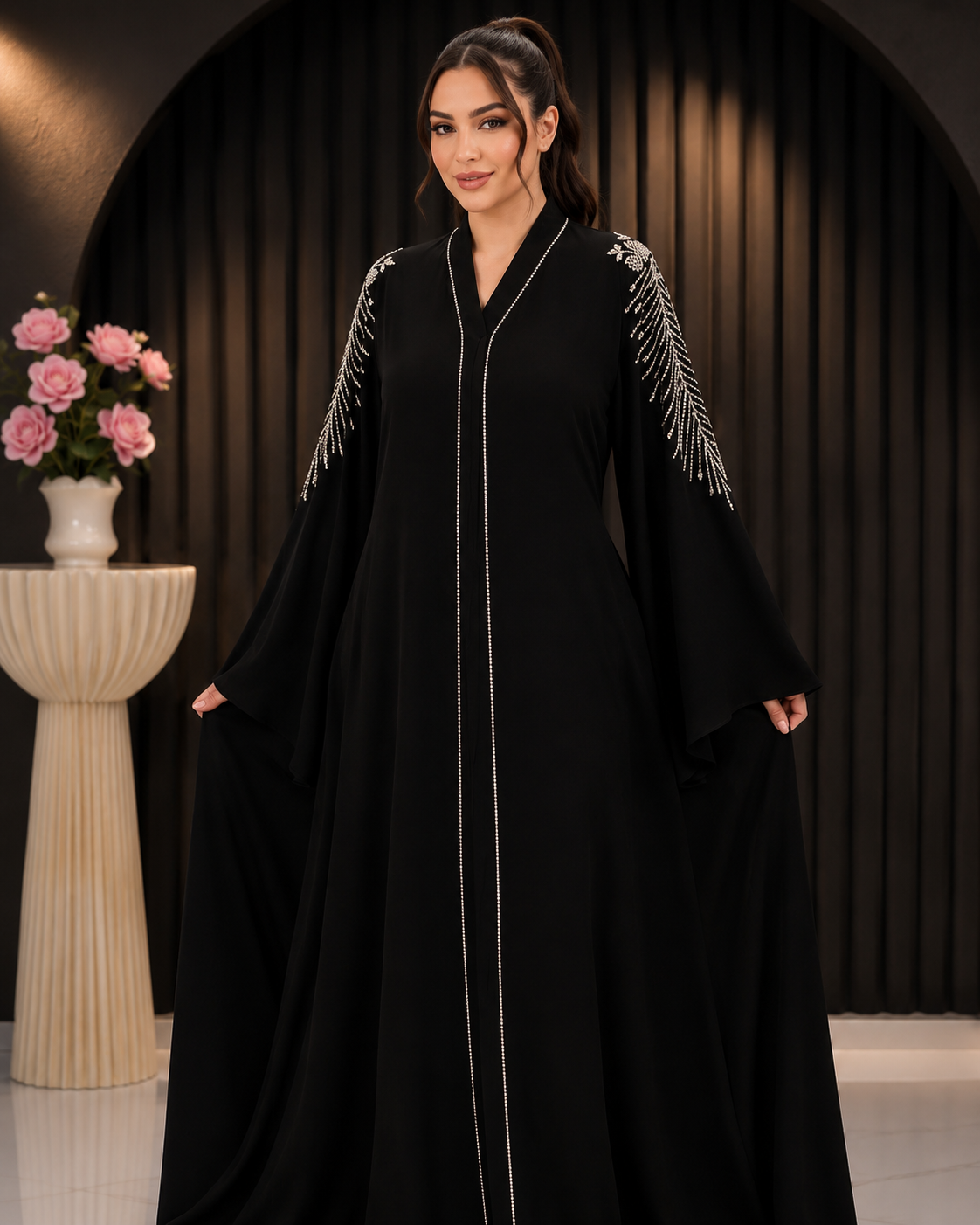 Midnight Crystal Leaf Luxury Abaya