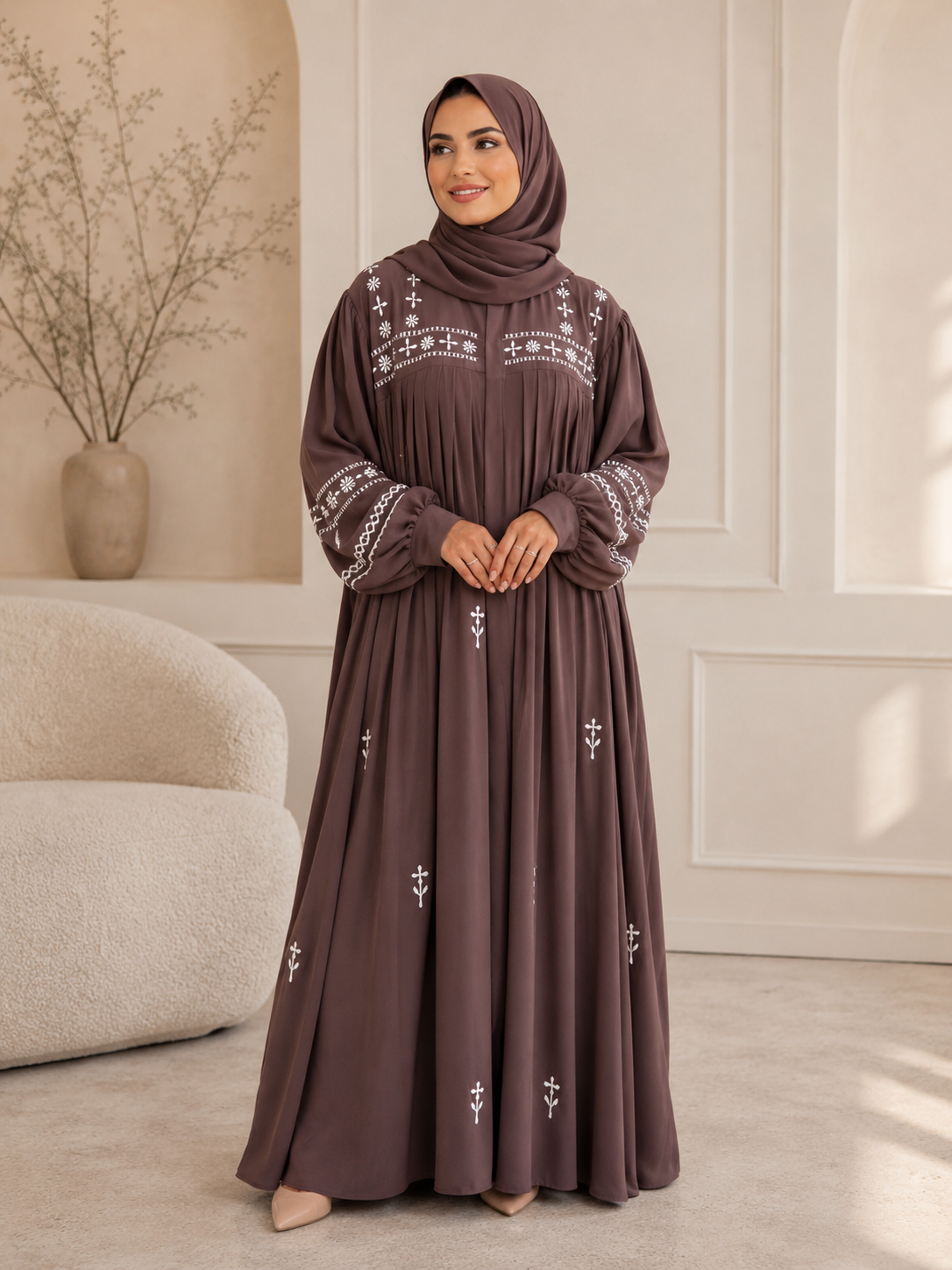 Nooré Pleated  with beautiful embroidery Abaya
