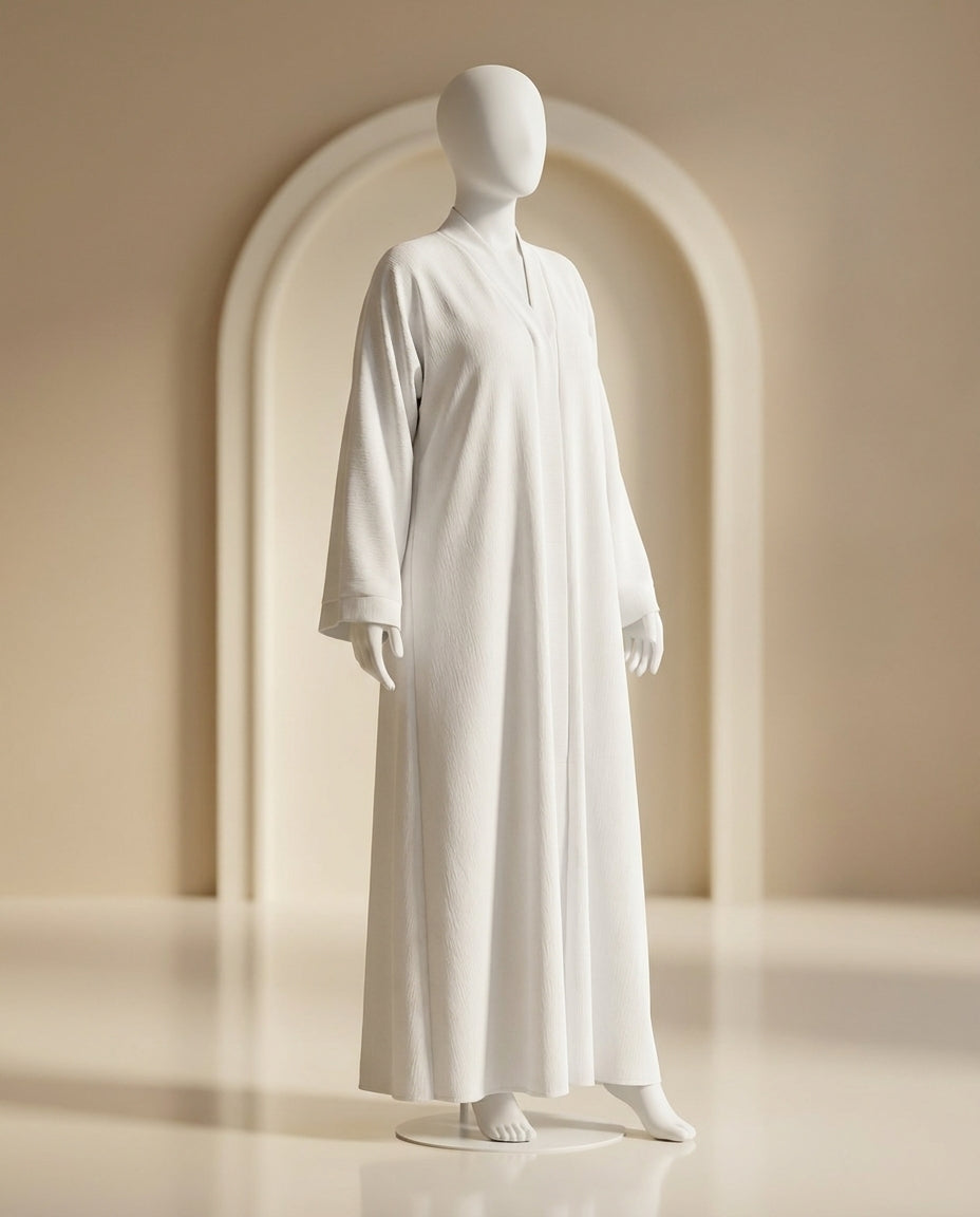 Royal Haya White Abaya for hajj and umrah fabric zoom