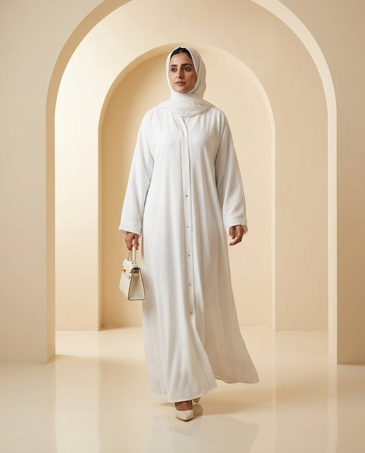 Royal Haya White Abaya for hajj and umrah fabric zoom